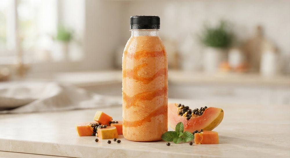 Bebida cremosa com calda e camadas em garrafa