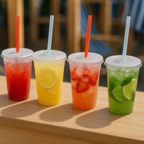 Copos coloridos de drinks com canudo