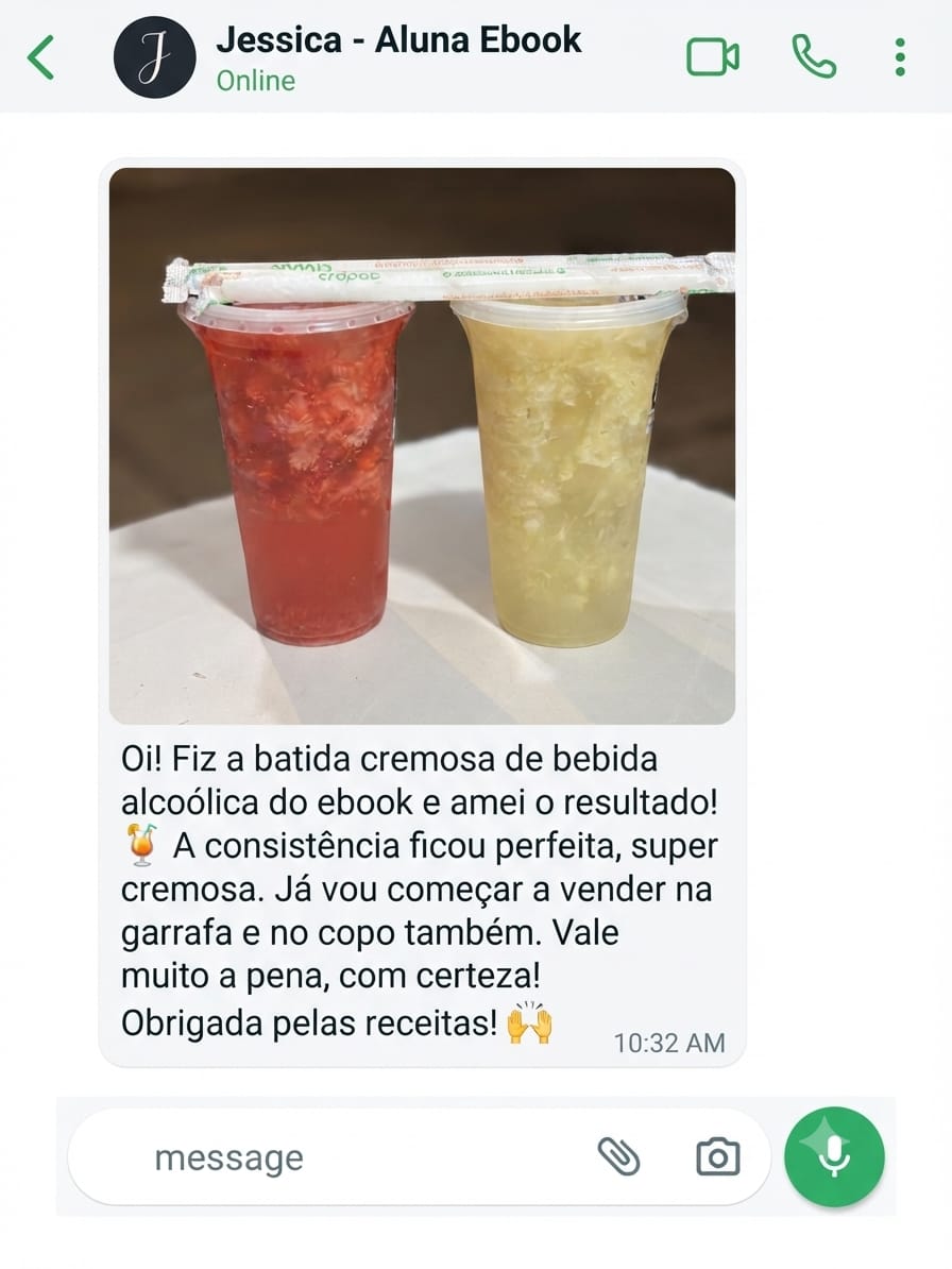 Print de conversa da aluna Jessica com duas batidas cremosas servidas em copos