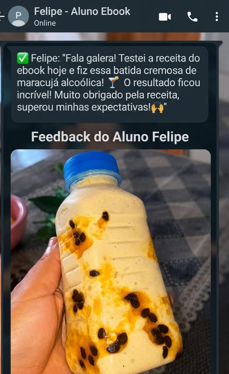 Print de conversa do aluno Felipe mostrando a batida cremosa de maracujá feita com o material