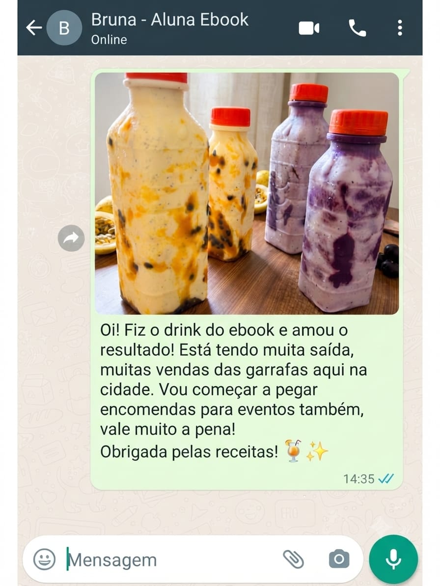 Print de conversa da aluna Bruna com garrafas de bebidas de maracujá e uva feitas com o material