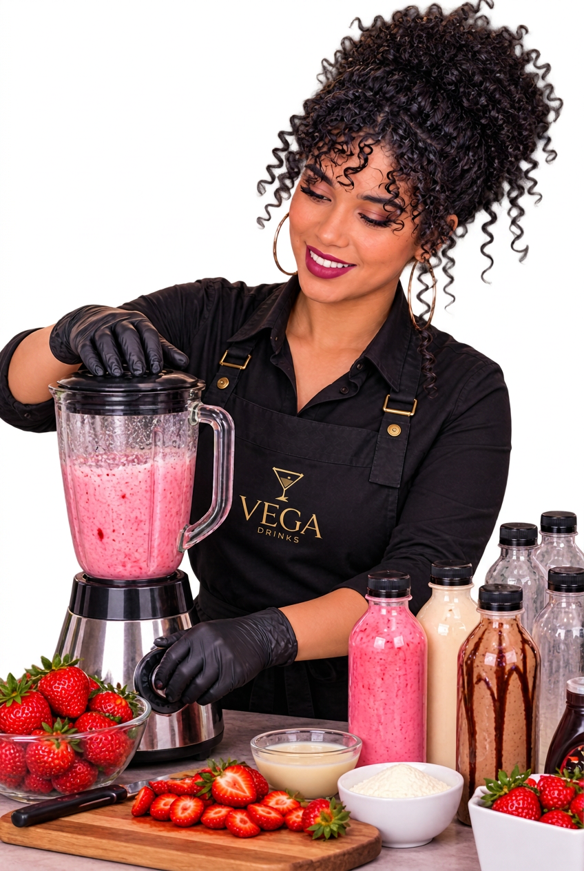 Érika Matos preparando batidas cremosas e envasando em garrafas