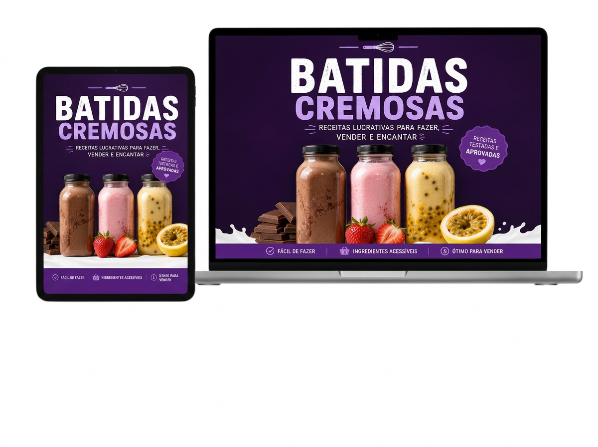 Material digital de batidas e drinks cremosos exibido em tablet e notebook, com garrafas prontas